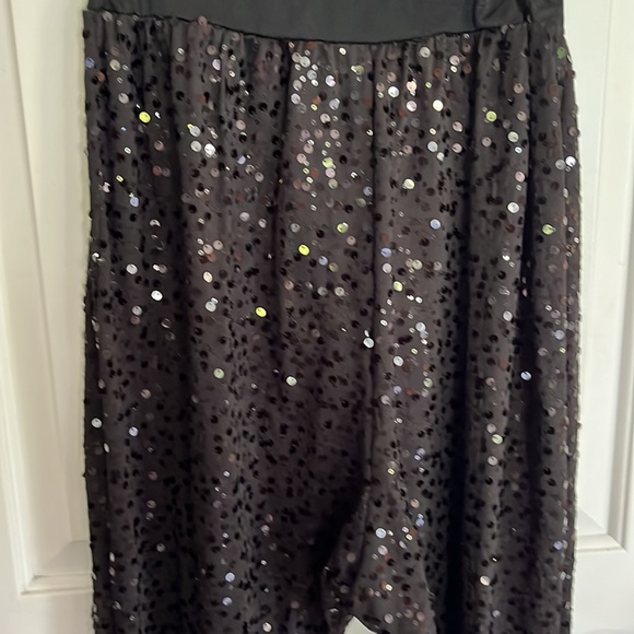 Black sequin pants slouchy Sz medium drop crotch elastic waistband - Picture 2 of 8